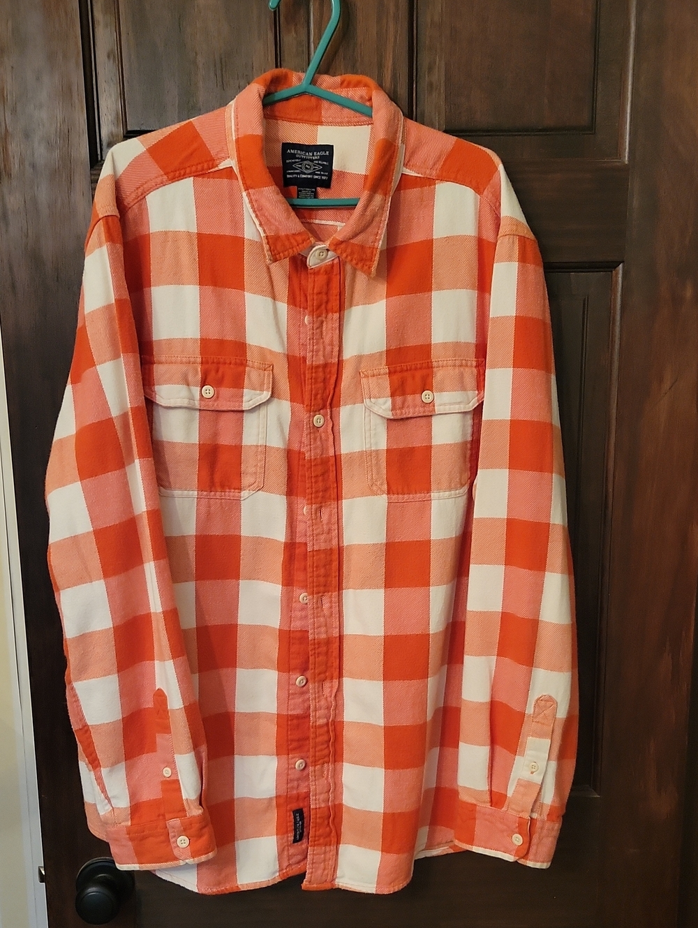 American Eagle Outfitters Orange and White Check Button-Down Shirt
